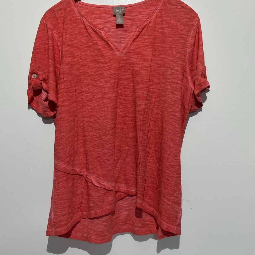 Chico's Women's Red Heather Split Neck‎ Cotton Short Sleeve T-Shirt Size 2 Large